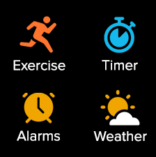 Écran d'applications avec quatre applications : Exercice, Chronomètre, Alarmes et Météo